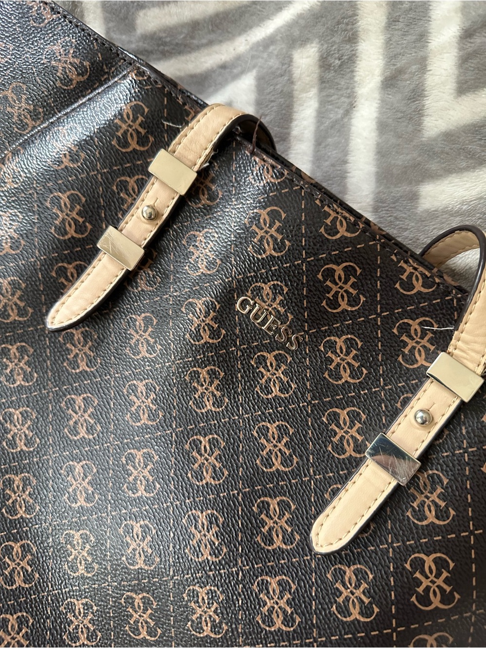 GUESS Brown Monogram Tote with Beige Straps